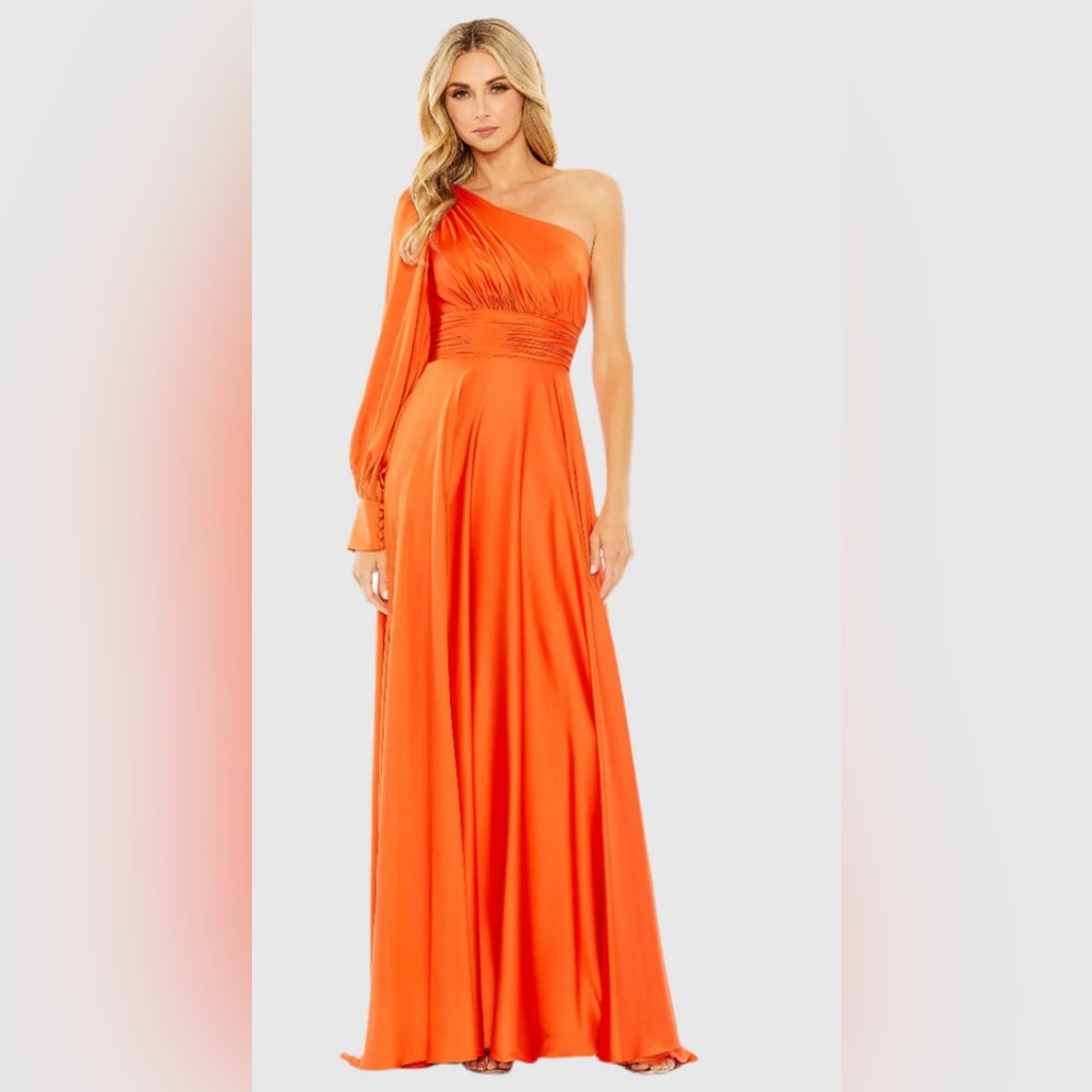 Mac Duggal One Shoulder Bishop Sleeve Flowy Gown in Spice